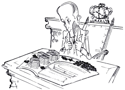 Paul Comparat contemplant la maquette de l'ecl d'Écully (Engrenage, février 1966)